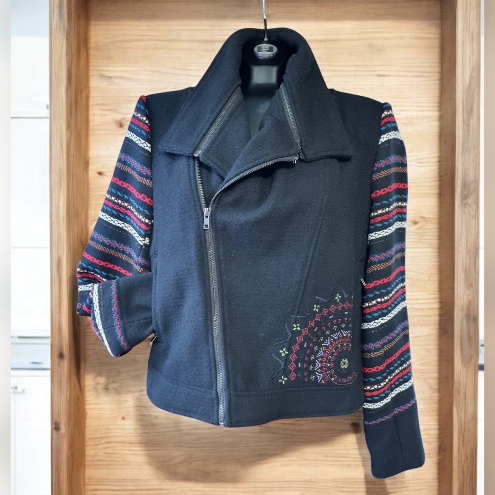 Desigual Black Embroidered Wool Blend Lined Jacket